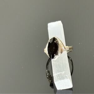 🖤 Handmade Wire-Wrapped Ring – Black Marquise Gemstone – Silver Tone 🖤